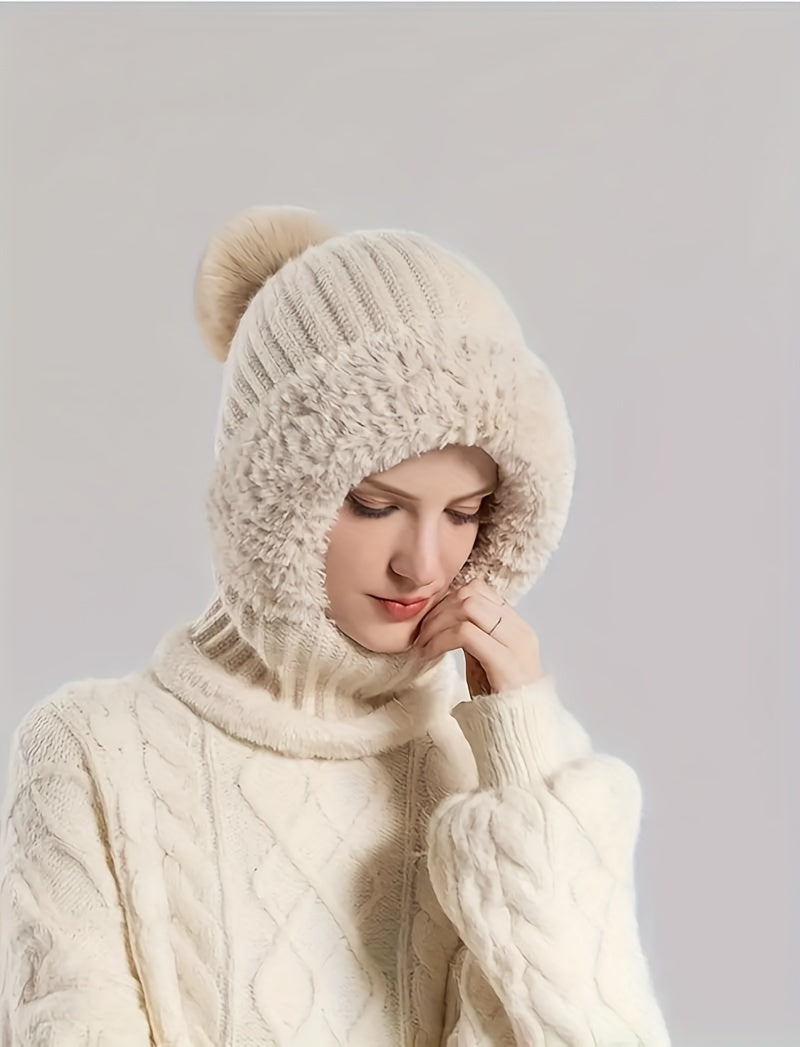 Knitted Hat For Women In Autumn And Winter, Thickened With Fleece, Cold Resistant Hat, Scarf Mask, One-piece Warm Hat, Outdoor Cycling Hat