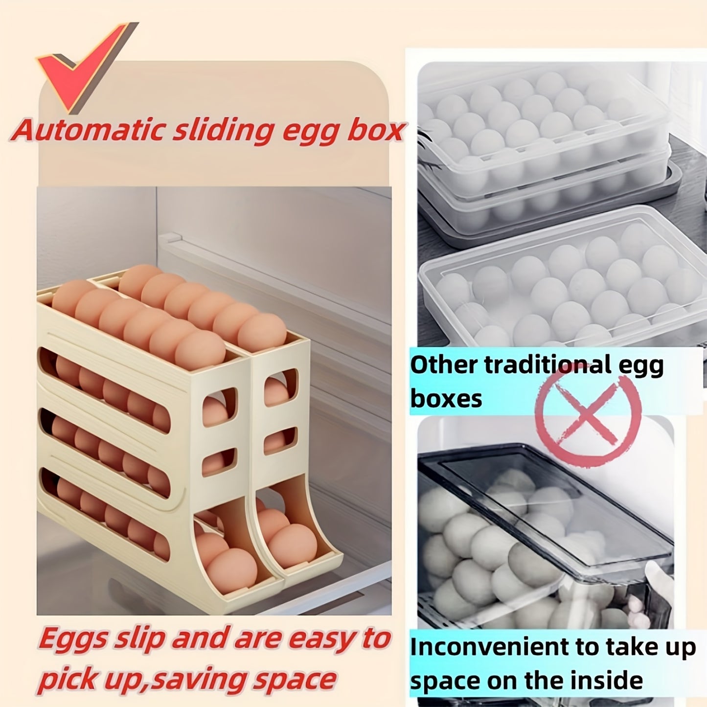 30-Egg Capacity 4-Tier Large Space-Saving Refrigerator Organizer with Automatic Rolling Egg Dispenser