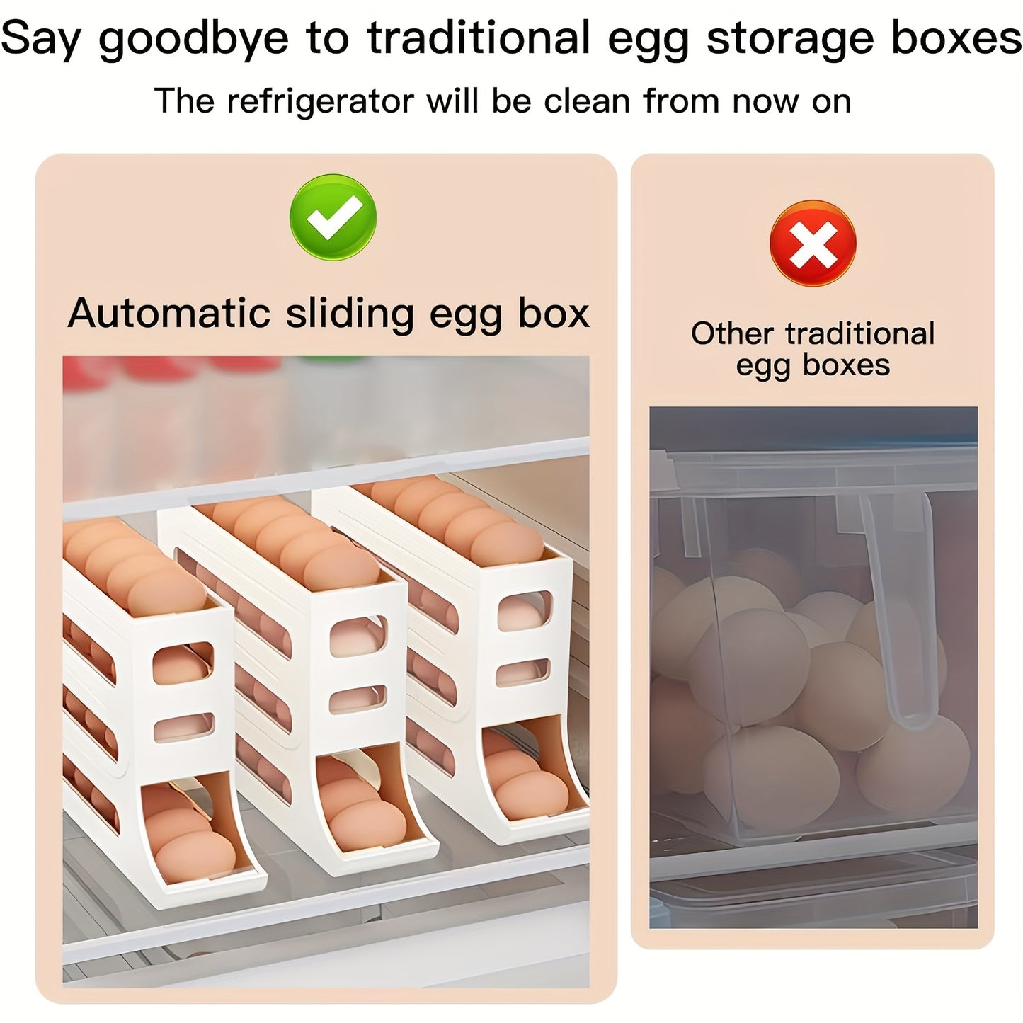 30-Egg Capacity 4-Tier Large Space-Saving Refrigerator Organizer with Automatic Rolling Egg Dispenser