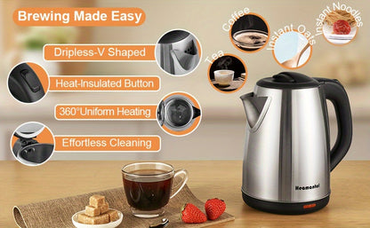 1.8L Electric Kettle, Stainless Steel Double Wall Hot Water Boiler with Auto Shut Off, Boil-Dry Protection, LED Indicator, and BPA-Free Design for Coffee and Tea Lovers