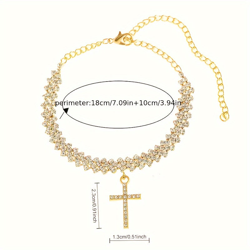 2 PCs/Set Exquisite Delicate Bling Cross Pendant Anklet - 18K Golden Plated Jewelry for Women - Fashion Sparkling Elegant Sexy Style Summer Beach Accessory, Perfect Holiday Gift for Beautiful Ladies, Personalized Jewelry Gift