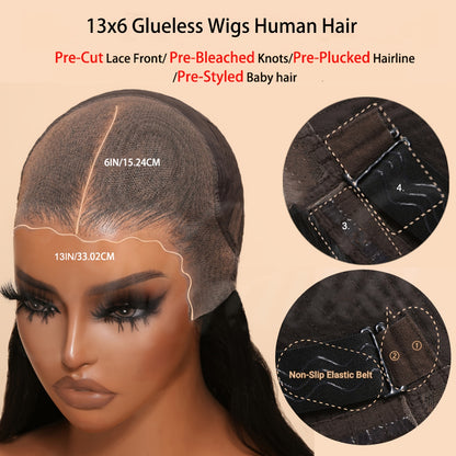 Put On And Go 13x6 Water Wave Wig Glueless Wigs Human Hair Pre Plucked Pre Cut Human Hair Wigs 200% Density For Women Human Hair HD Lace Frontal Deep Curly Wigs Glueless Wig For Beginners