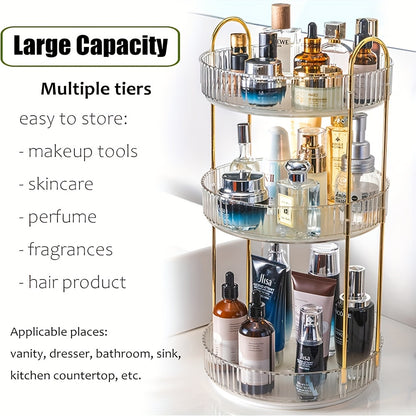 3-Tier Rotating Makeup Organizer Vanity - High-Capacity Skincare and Cosmetic Storage with 360 Spinning Countertop - Perfect for Perfume, Makeup, and Jewelry Organization