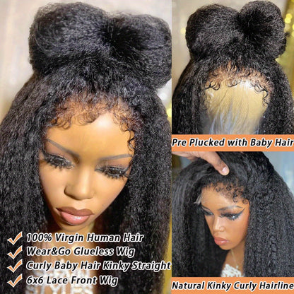 Glueless Wigs Human Hair Pre Plucked Pre Cut 6x6 Kinky Straight HD Lace Closure Wigs Human Hair Kinky Straight Wig For Beginners 200% Density