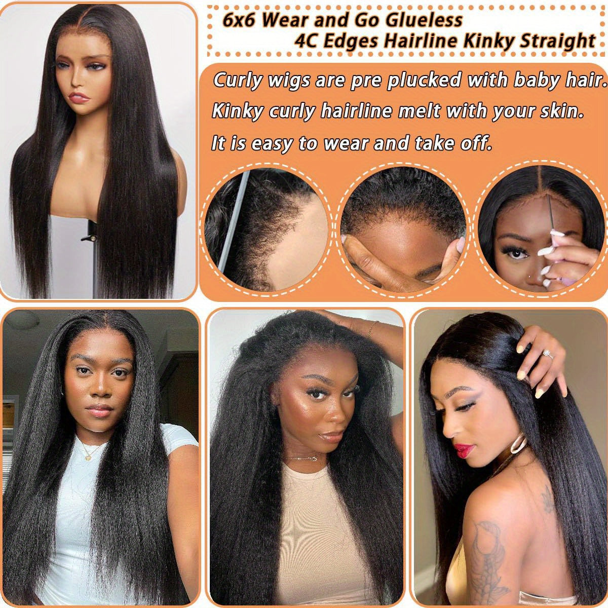 Glueless Wigs Human Hair Pre Plucked Pre Cut 6x6 Kinky Straight HD Lace Closure Wigs Human Hair Kinky Straight Wig For Beginners 200% Density