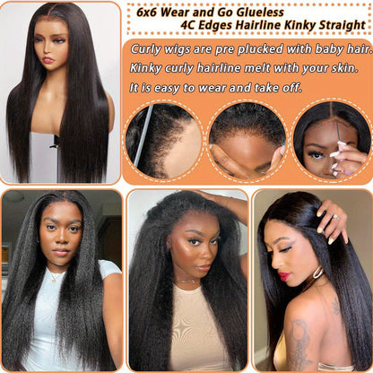 Glueless Wigs Human Hair Pre Plucked Pre Cut 6x6 Kinky Straight HD Lace Closure Wigs Human Hair Kinky Straight Wig For Beginners 200% Density