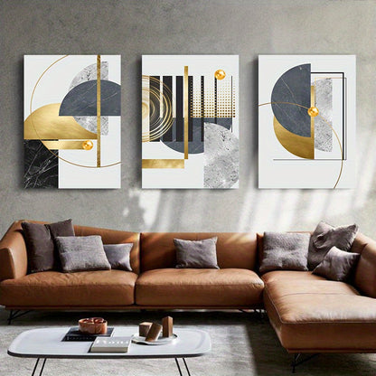 3-Piece Framed Abstract Canvas Wall Art, Large Grey Black and Golden Foil Geometric Paintings, Nordic Luxury Modern Artwork, Ideal Gift for Living Room and Bedroom