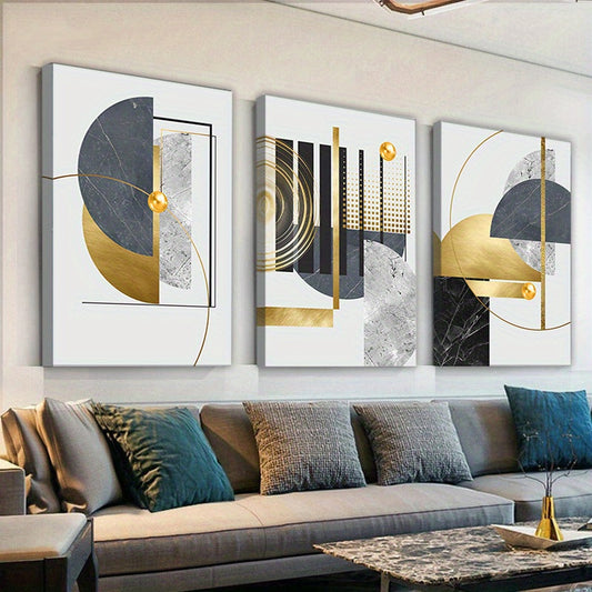 3-Piece Framed Abstract Canvas Wall Art, Large Grey Black and Golden Foil Geometric Paintings, Nordic Luxury Modern Artwork, Ideal Gift for Living Room and Bedroom