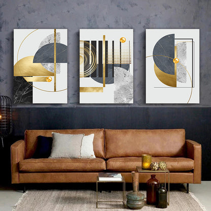 3-Piece Framed Abstract Canvas Wall Art, Large Grey Black and Golden Foil Geometric Paintings, Nordic Luxury Modern Artwork, Ideal Gift for Living Room and Bedroom