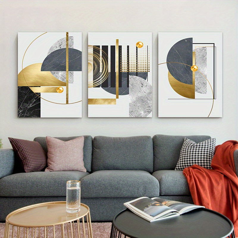 3-Piece Framed Abstract Canvas Wall Art, Large Grey Black and Golden Foil Geometric Paintings, Nordic Luxury Modern Artwork, Ideal Gift for Living Room and Bedroom