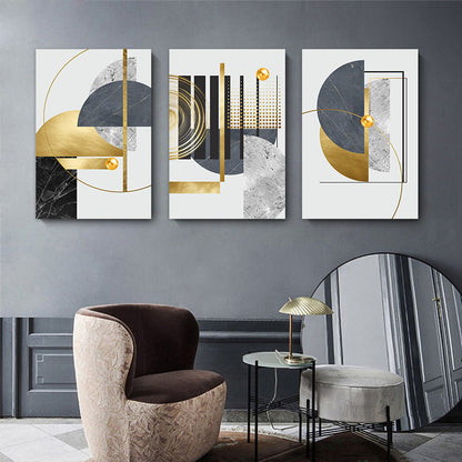 3-Piece Framed Abstract Canvas Wall Art, Large Grey Black and Golden Foil Geometric Paintings, Nordic Luxury Modern Artwork, Ideal Gift for Living Room and Bedroom