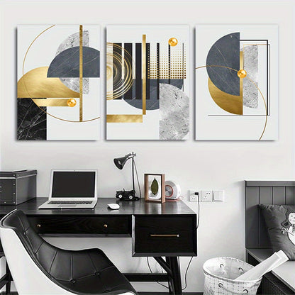 3-Piece Framed Abstract Canvas Wall Art, Large Grey Black and Golden Foil Geometric Paintings, Nordic Luxury Modern Artwork, Ideal Gift for Living Room and Bedroom