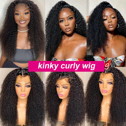 30 Inch 13x4 Kinky Curly Lace Front Wigs Human Hair Wig 250 Density Glueless Wigs Human Hair Pre Plucked Bleached Knots Wigs with Baby Hair Afro Kinky Curly HD Transparent Wigs for Women Virgin Human Hair Black Color