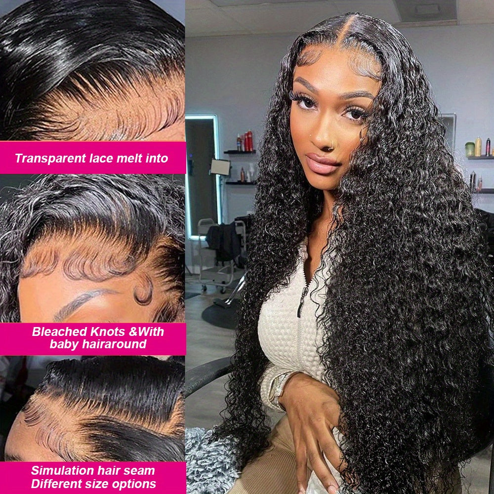 30 Inch 13x4 Kinky Curly Lace Front Wigs Human Hair Wig 250 Density Glueless Wigs Human Hair Pre Plucked Bleached Knots Wigs with Baby Hair Afro Kinky Curly HD Transparent Wigs for Women Virgin Human Hair Black Color