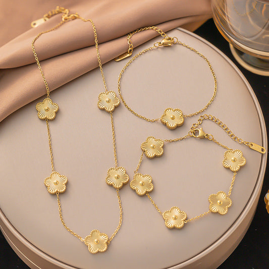 3ps a set of golden stainless steel five flowers creative design necklace bracelet fashion simple neutral wind men and women niche daily gift-giving party wear excellent choice.