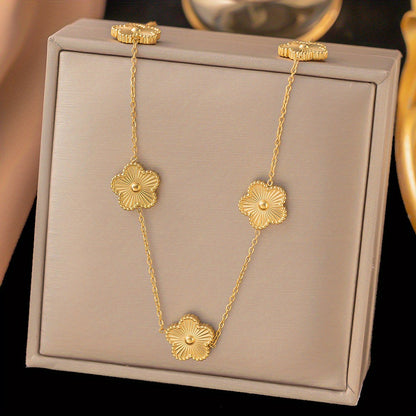 3ps a set of golden stainless steel five flowers creative design necklace bracelet fashion simple neutral wind men and women niche daily gift-giving party wear excellent choice.