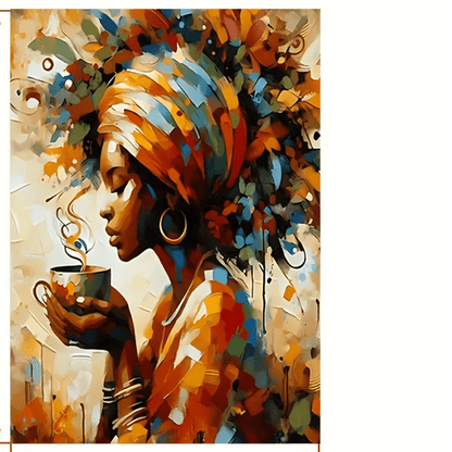 Framed Wall Canvas Painting of Abstract Canvas Art: African Black Girl with Coffee, Modern Art Decoration for Home and Office, Framed Wall Canvas Painting of African Black Girl, Ready to Hang, with Inside Wooden Frame - Thick