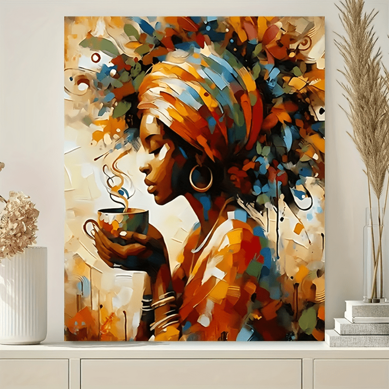 Framed Wall Canvas Painting of Abstract Canvas Art: African Black Girl with Coffee, Modern Art Decoration for Home and Office, Framed Wall Canvas Painting of African Black Girl, Ready to Hang, with Inside Wooden Frame - Thick