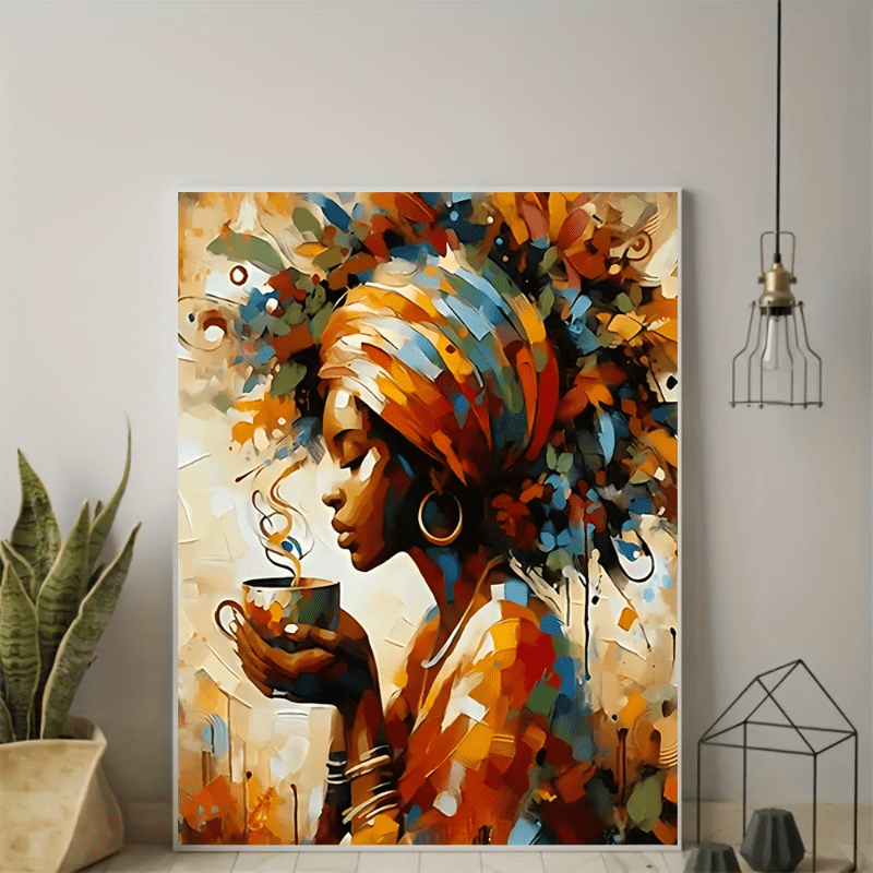 Framed Wall Canvas Painting of Abstract Canvas Art: African Black Girl with Coffee, Modern Art Decoration for Home and Office, Framed Wall Canvas Painting of African Black Girl, Ready to Hang, with Inside Wooden Frame - Thick