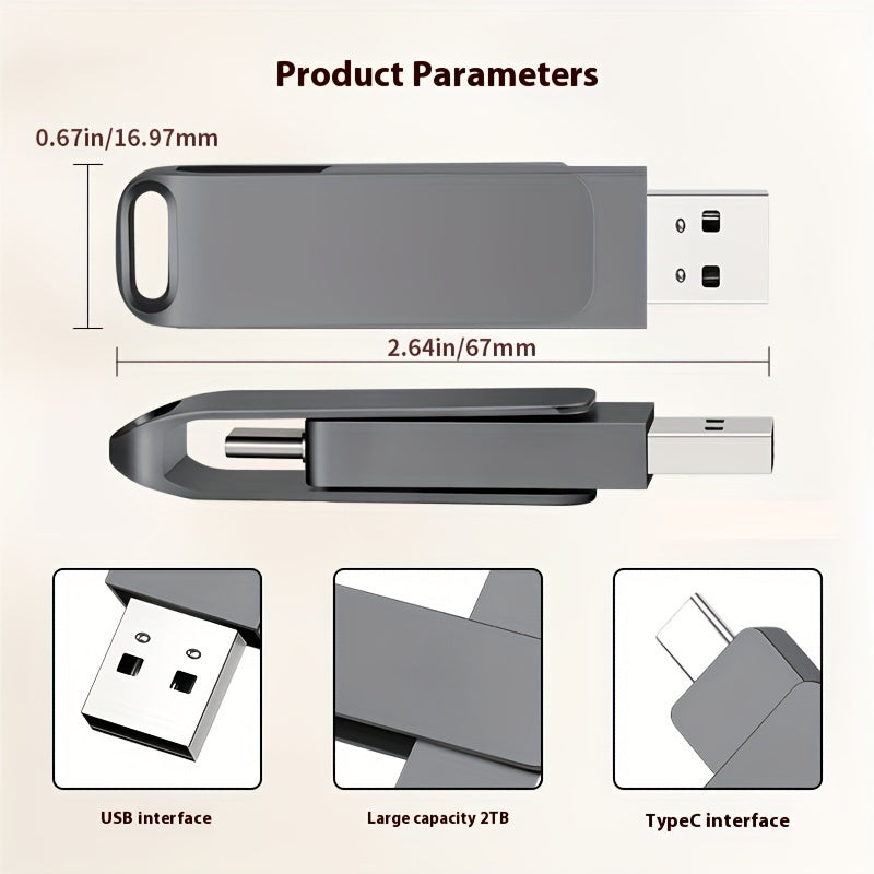 Large Capacity 2TB USB Flash Drive Type-C Dual Interface Mobile Phone and Computer Dual-use Compatible with Most Electronic Devices - Plug and Play Reading and Writing Speed Efficient Transfer Thumb Drive 2TB Memory Stick 200