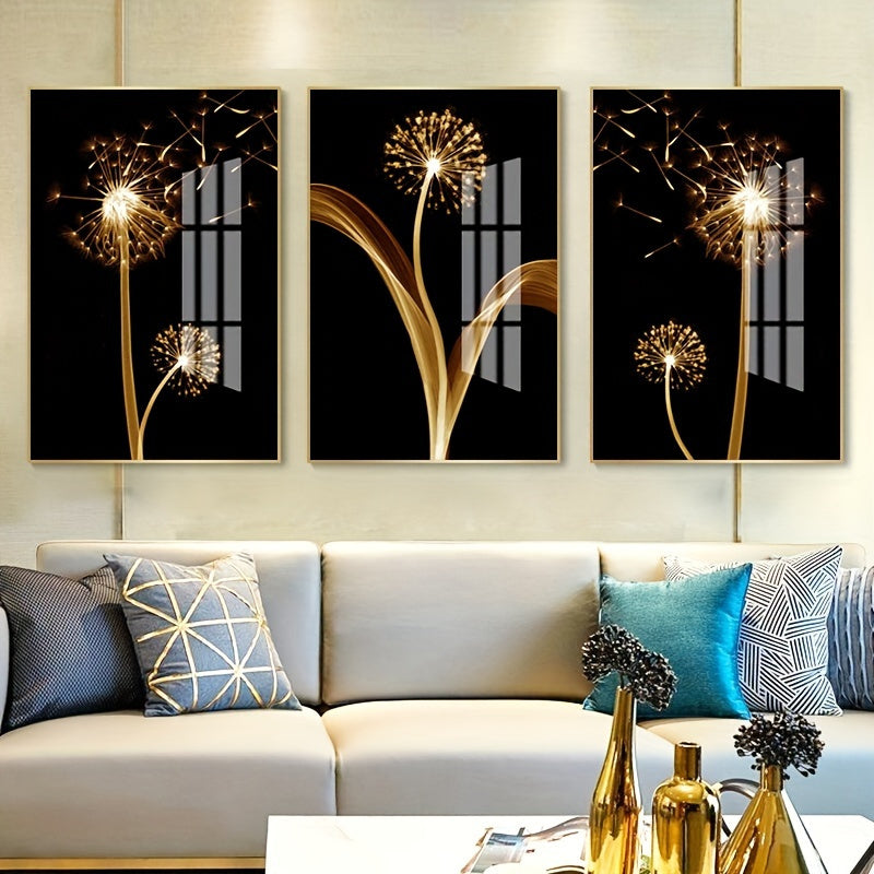 3PCS Abstract Golden Dandelion Luxury Mural Oil Painting Art Set- Wrapped Canvas Printmaking for Living Room Decoration- Unique Wall Art Piece (Wrapped Canvas)