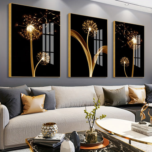 3PCS Abstract Golden Dandelion Luxury Mural Oil Painting Art Set- Wrapped Canvas Printmaking for Living Room Decoration- Unique Wall Art Piece (Wrapped Canvas)