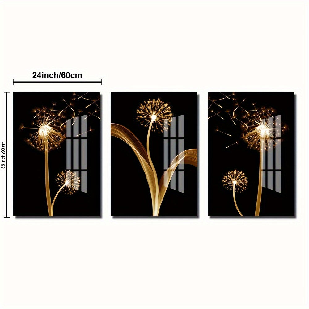 3PCS Abstract Golden Dandelion Luxury Mural Oil Painting Art Set- Wrapped Canvas Printmaking for Living Room Decoration- Unique Wall Art Piece (Wrapped Canvas)