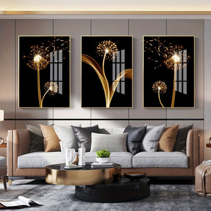 3PCS Abstract Golden Dandelion Luxury Mural Oil Painting Art Set- Wrapped Canvas Printmaking for Living Room Decoration- Unique Wall Art Piece (Wrapped Canvas)