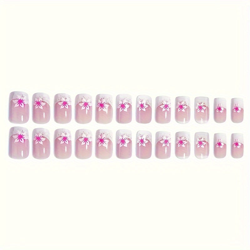 24pcs Chic Pink Floral Gradient Press-On Nails Kit - Short Square, Glossy Finish with Jelly Adhesive & Nail File Included for Women