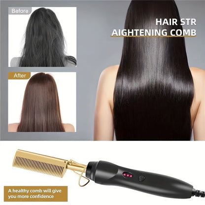 Copper Color Comb Styler - Multi-Purpose Hair Straightener and Curler for Wet and Dry Hair - Fast Heating, Easy-to-Use, Versatile, and Safe Electric Heating Comb for Salon-Quality Styling at Home