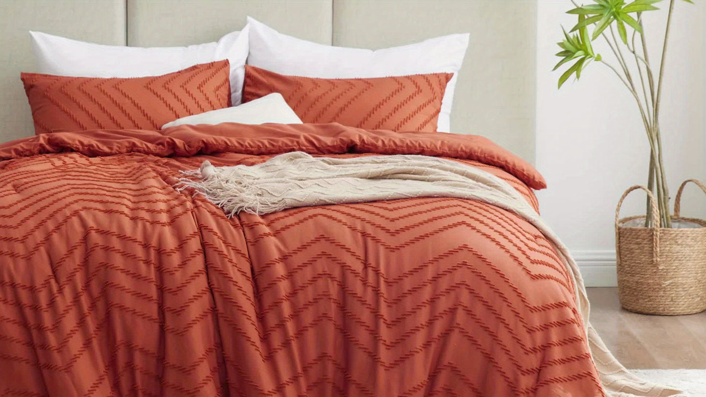 3-Piece Tufted Boho Chic Comforter Set - Shabby Chic Bedding for All Seasons - Soft, Cozy, and Stylish Chevron Pattern with 1 Comforter and 2 Pillow Shams for a Complete Bedroom Makeover