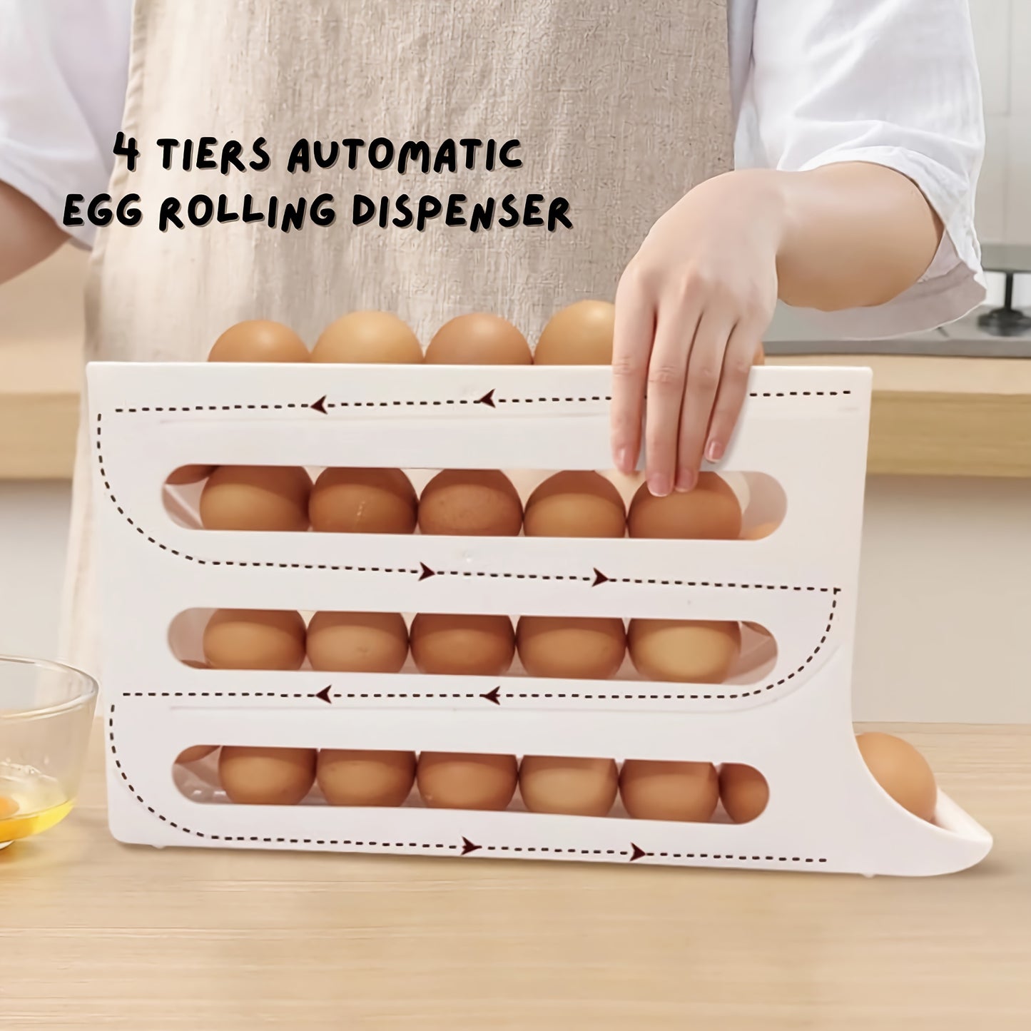 30-Egg Capacity 4-Tier Large Space-Saving Refrigerator Organizer with Automatic Rolling Egg Dispenser