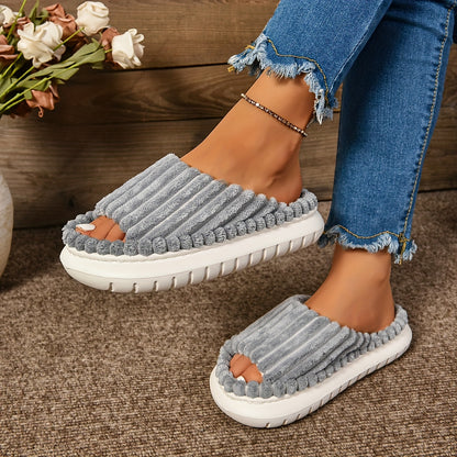 Women's Cozy Plush Half Toe Cap Slippers - Solid Color Fabric Upper with Warm Lining, Non-Slip EVA Sole, Casual Fashion Open Toe Stripe Design, Indoor House Shoes for North America & Europe