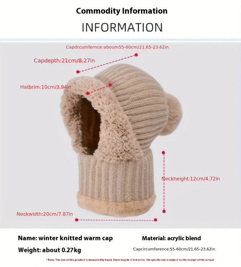 Knitted Hat For Women In Autumn And Winter, Thickened With Fleece, Cold Resistant Hat, Scarf Mask, One-piece Warm Hat, Outdoor Cycling Hat