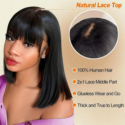 Straight Natural Scalp Raw Human Hair HD Lace Bob With Bang 180% Density Glueless HD 2x1 Lace Bob With Bang Glueless Wigs