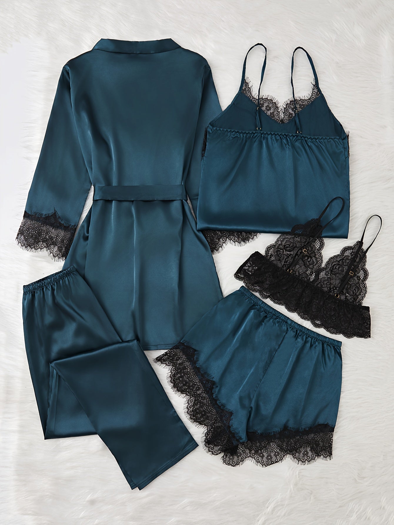 5-Piece Elegant Solid Satin Lace Trim Pajama Set - Long Sleeve Belted Robe, Hollow Out Cami Bra, V Neck Slip Dress, Shorts, and Pants - Soft, Comfortable, and Versatile Women's Sleepwear and Loungewear for Relaxation