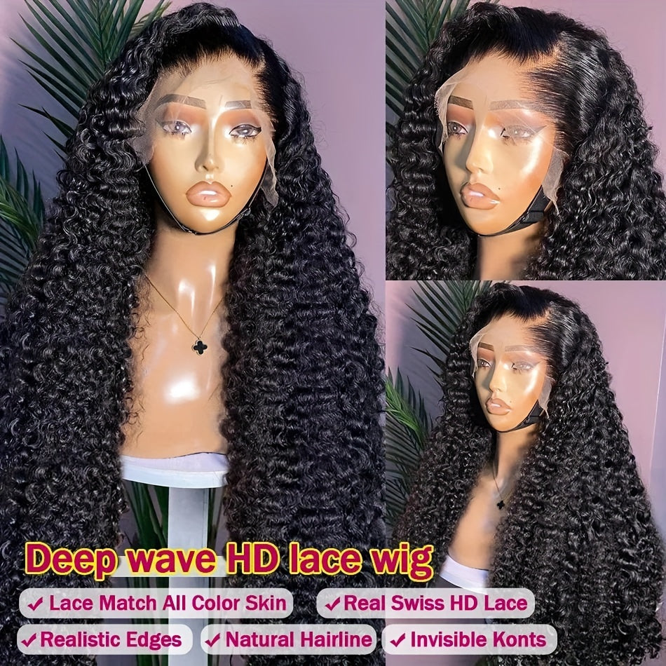 250% Density Deep Wave Lace Front Wigs 13X4 HD Lace Front Wigs 100% Brazilian Human Hair Full Edges Ear To Ear Swiss HD Pre Plucked Lace Wig With Baby Hair Deep Curly Wave Wig For Daily Wear