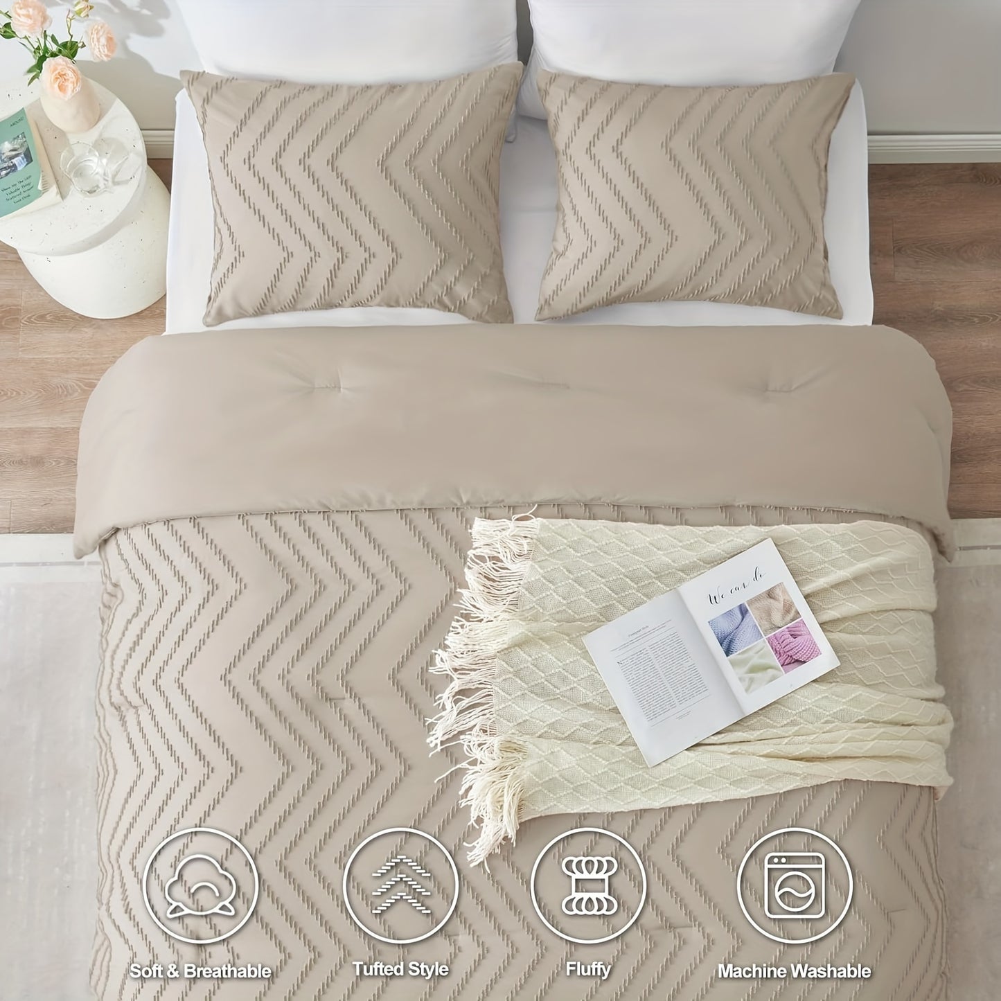 3-Piece Tufted Boho Chic Comforter Set - Shabby Chic Bedding for All Seasons - Soft, Cozy, and Stylish Chevron Pattern with 1 Comforter and 2 Pillow Shams for a Complete Bedroom Makeover