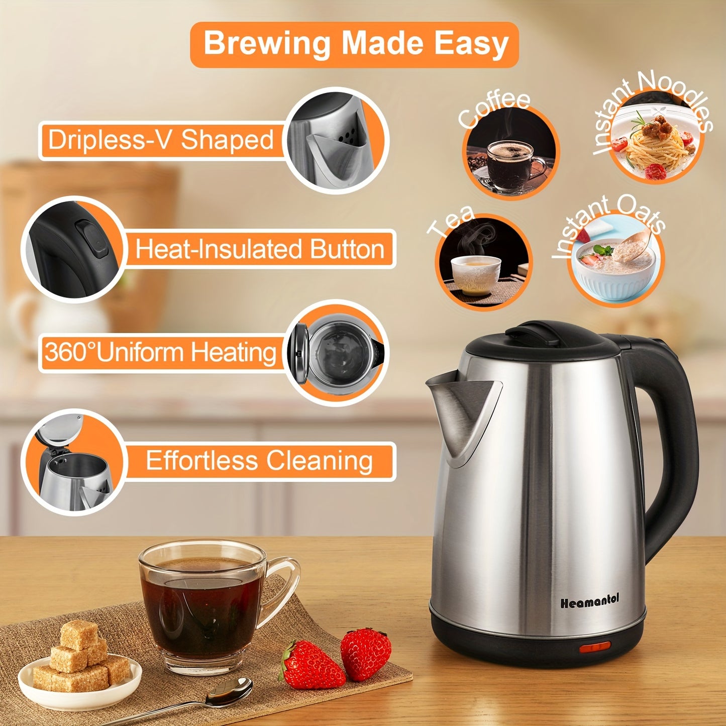 1.8L Electric Kettle, Stainless Steel Double Wall Hot Water Boiler with Auto Shut Off, Boil-Dry Protection, LED Indicator, and BPA-Free Design for Coffee and Tea Lovers