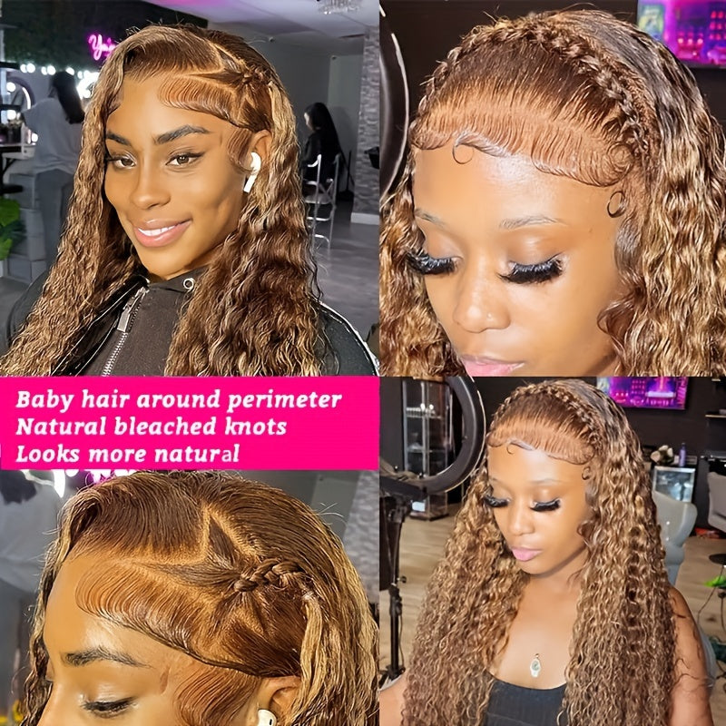 200% Density Highlight 13x4 Ombre Lace Front Wig Human Hair Pre Plucked HD Transparent 4/27 Honey Blonde Lace Frontal Wigs With Baby Hair Colored Water Wave Lace Front Wig Human Hair For Women