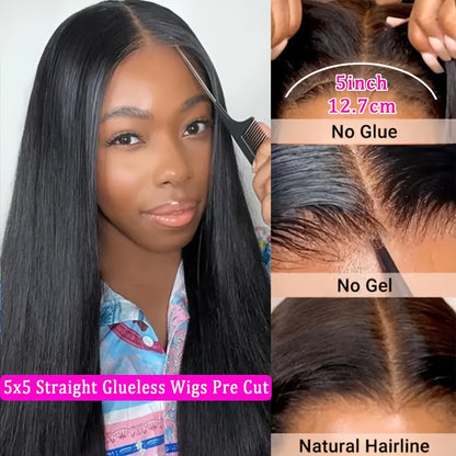 5x5 HD Lace Put On And Go Glueless Closure Wigs Human Hair Straight Human Hair Pre Plucked Pre Cut No Glue 3 Seconds To Wear Glueless Wig Transparent Lace Front Wigs Human Hair Wig For Women Pre Bleached Knots 180 Density