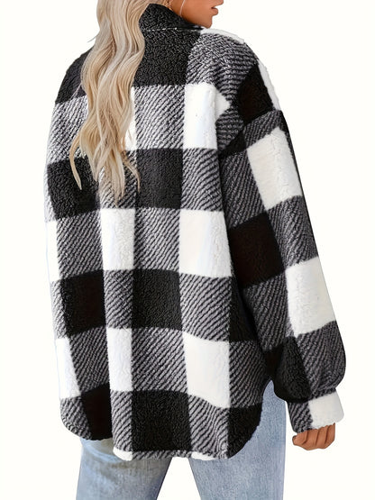 Stylish Plaid Teddy Coat - Women's Casual Jackets with Long Sleeves, Thermal Insulation, and Versatile Button Front Design for Winter Outwear - Soft, Warm, and Cozy