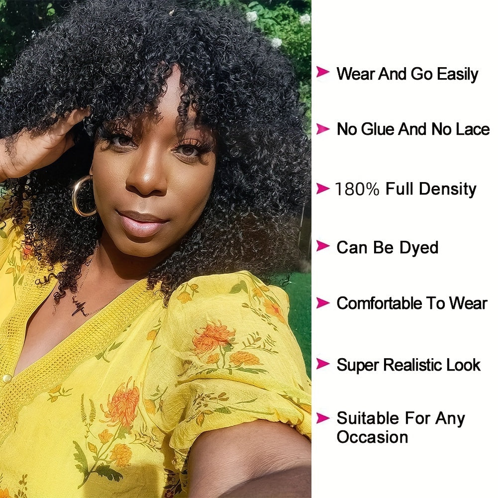 Afro Kinky Curly Wig With Bangs Full Machine Made Scalp Top Wig 180 Density Virgin Brazilian Short Curly Human Hair Wigs Natural Color