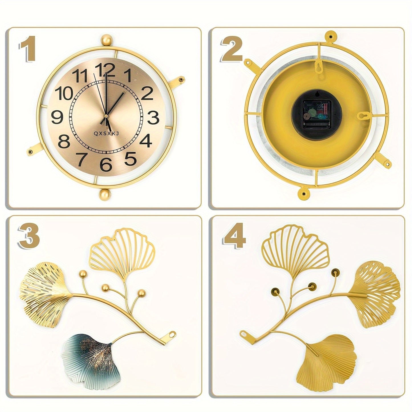 33in Large Metal Wall Clock For Livingroom, Adjustable Ginkgo Leaf Design Wall Clocks For Home Decorations, Silent Non Ticking Decoration Extra Wall Clocks For Bedroom Livingroom Kitchen