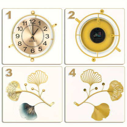 33in Large Metal Wall Clock For Livingroom, Adjustable Ginkgo Leaf Design Wall Clocks For Home Decorations, Silent Non Ticking Decoration Extra Wall Clocks For Bedroom Livingroom Kitchen