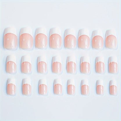 24pcs Square Press On Nails - Medium White French Tip Glossy Acrylic Nails with Nude Pinkish Full Cover Design - Includes 1sheet Jelly Glue, 1pc Nail File, and Easy-to-Apply Adhesive for a Salon-Quality Manicure at Home