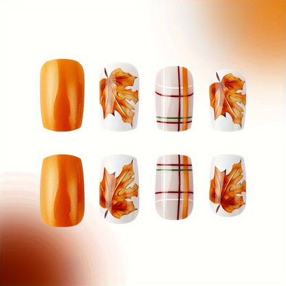 24pcs Golden Maple Leaf Glitter Press-On Nails Set - Medium Square, Shiny Finish with Striped & Plaid Designs for Fall/Winter Fashion