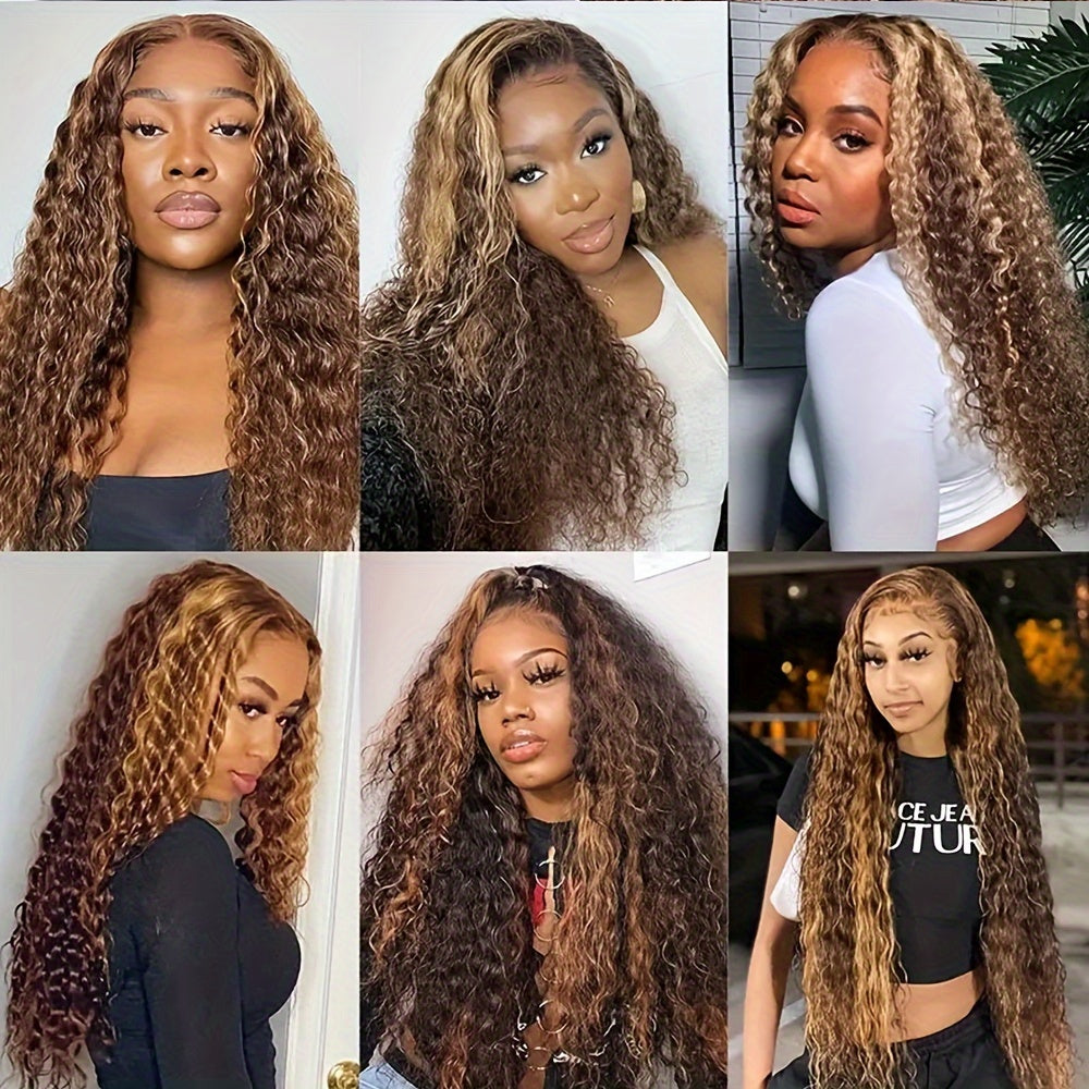 200% Density Highlight 13x4 Ombre Lace Front Wig Human Hair Pre Plucked HD Transparent 4/27 Honey Blonde Lace Frontal Wigs With Baby Hair Colored Water Wave Lace Front Wig Human Hair For Women