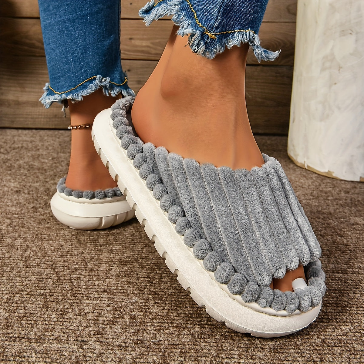 Women's Cozy Plush Half Toe Cap Slippers - Solid Color Fabric Upper with Warm Lining, Non-Slip EVA Sole, Casual Fashion Open Toe Stripe Design, Indoor House Shoes for North America & Europe