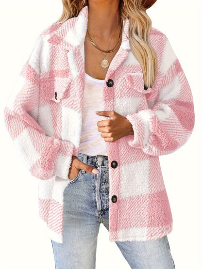 Stylish Plaid Teddy Coat - Women's Casual Jackets with Long Sleeves, Thermal Insulation, and Versatile Button Front Design for Winter Outwear - Soft, Warm, and Cozy